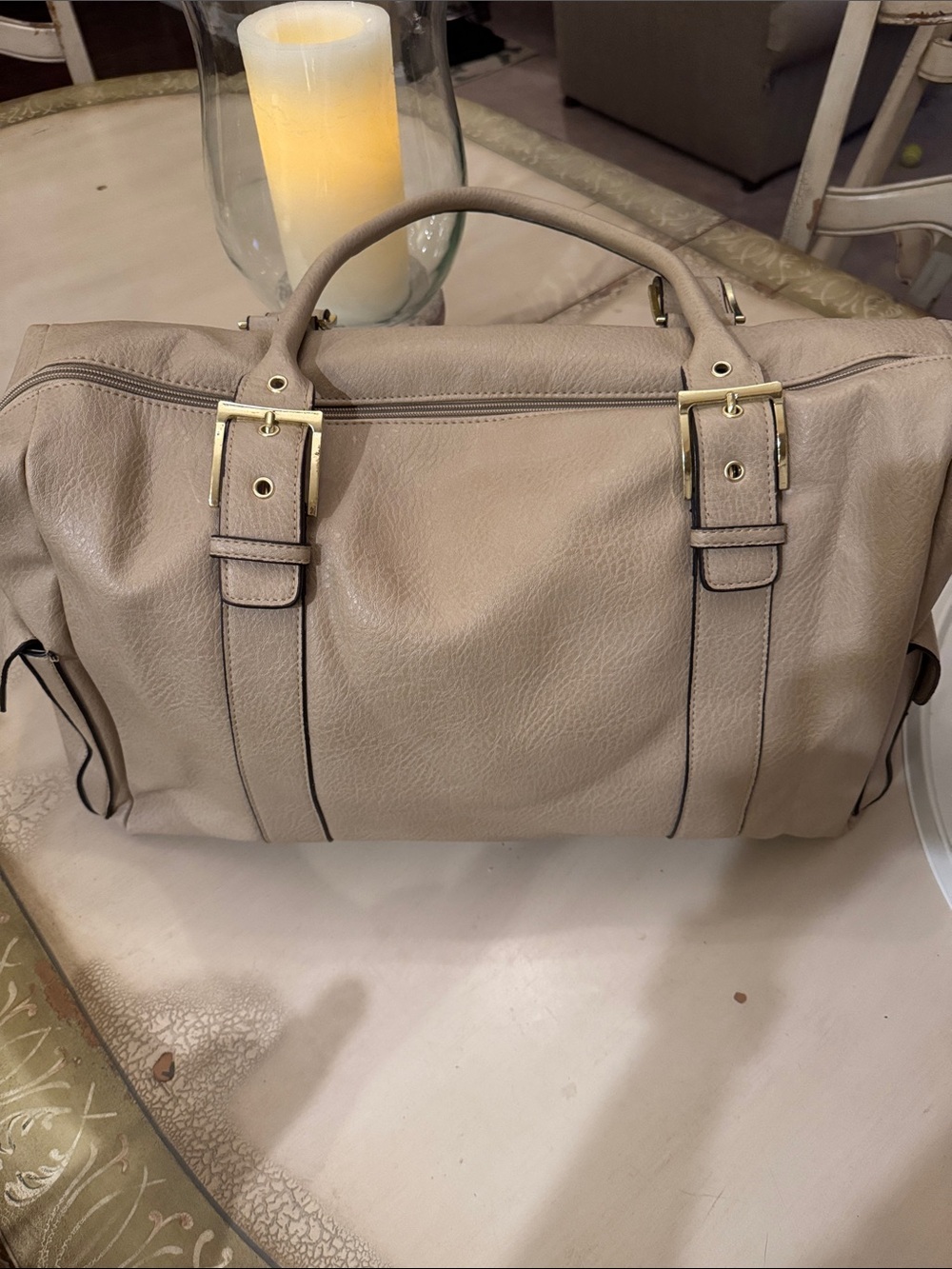 Bueno Taupe Tote with Gold Buckles